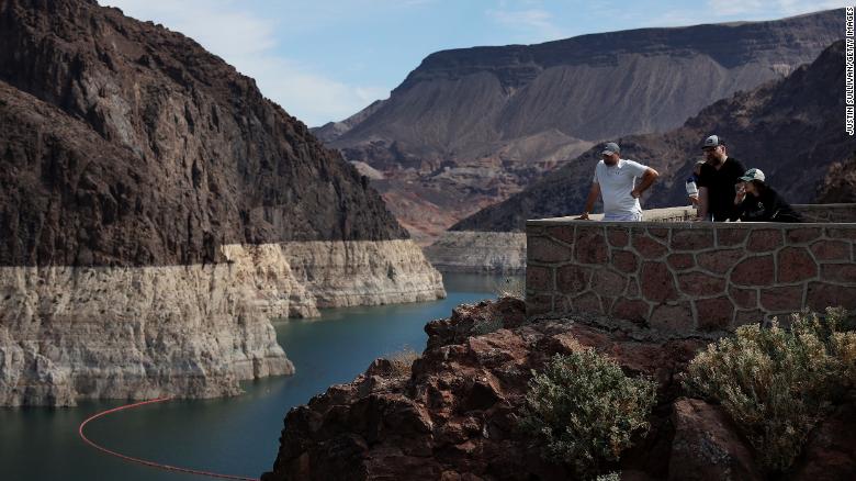 The &quot;bathtub rings&quot; are seen around Lake Mead, a sign of how far the water level has dropped.